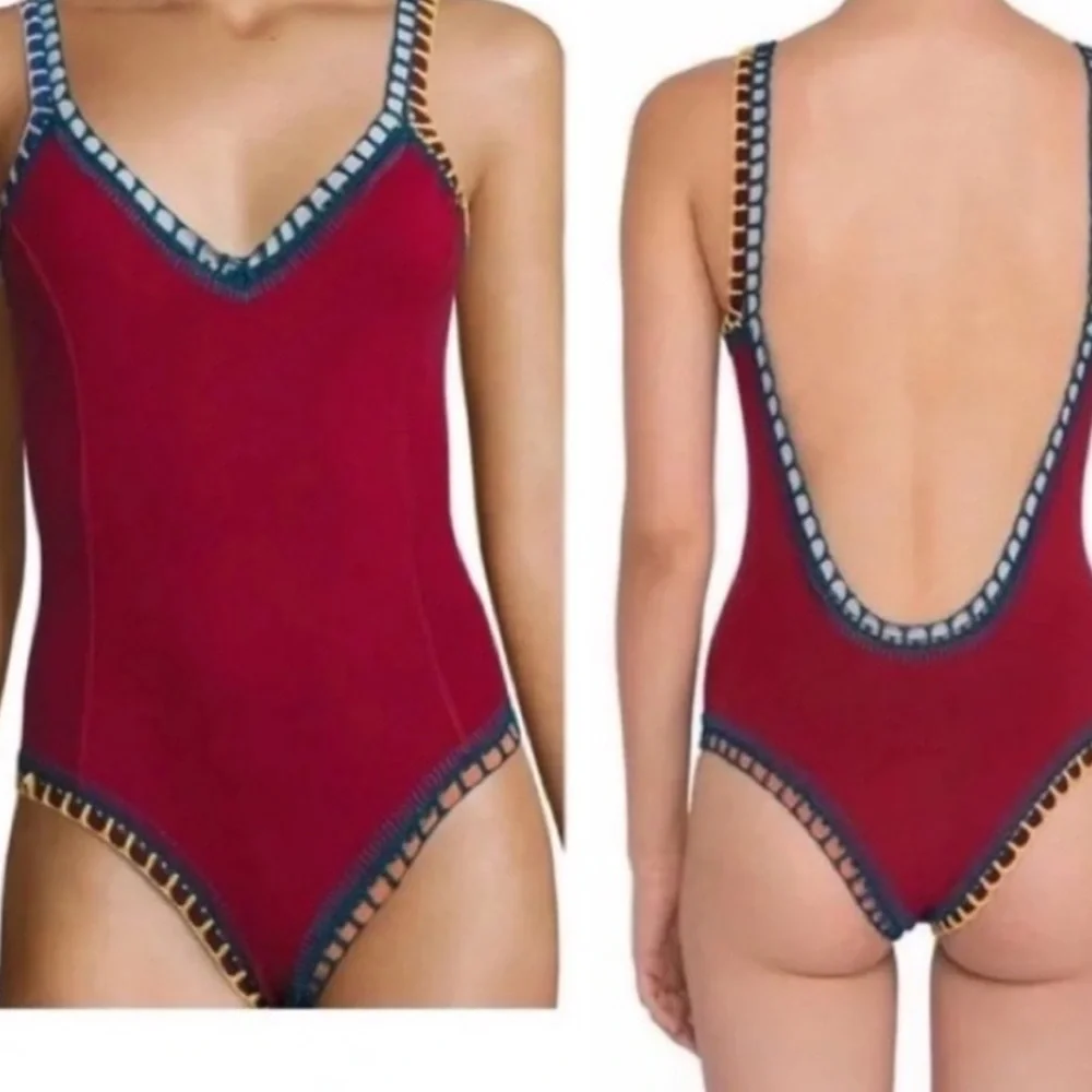 KIINI Red/Multicolored Soley Scoop Back Maillot Crochet One Piece Swimsuit NWT M